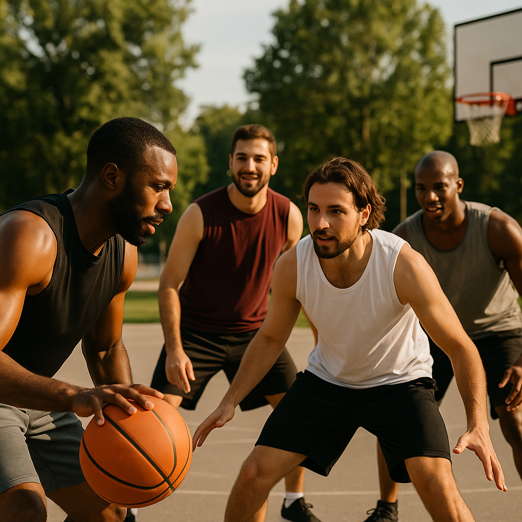 testosterone filled men playing basketball